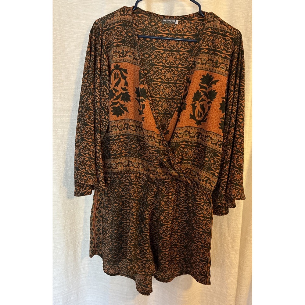 Earthbound Trading Co Sari Print Boho Romper Size Large Bell Sleeves Bohemian